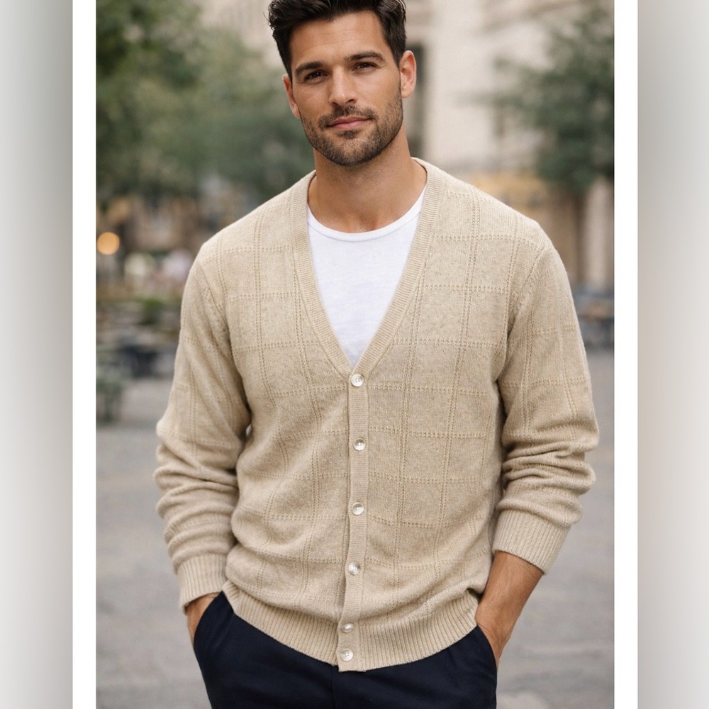 Roundtree & Yorke Cardigan V Neck Cotton & Wool Vintage Windowpane Texture Large